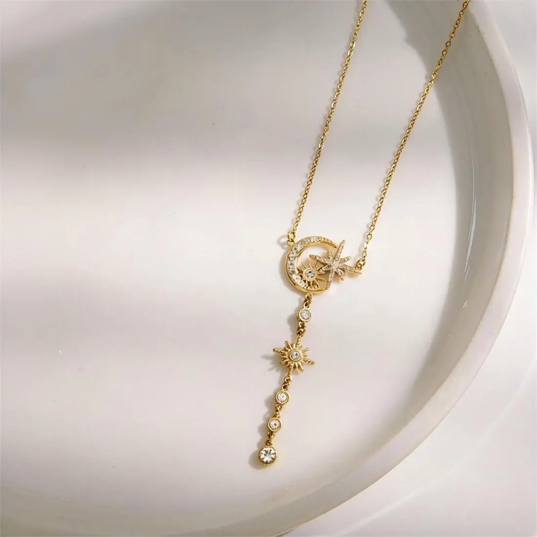18K Gold Plated Moon and Star Y Necklace with CZ Sun Pendant – Celestial Lariat Necklace for Women