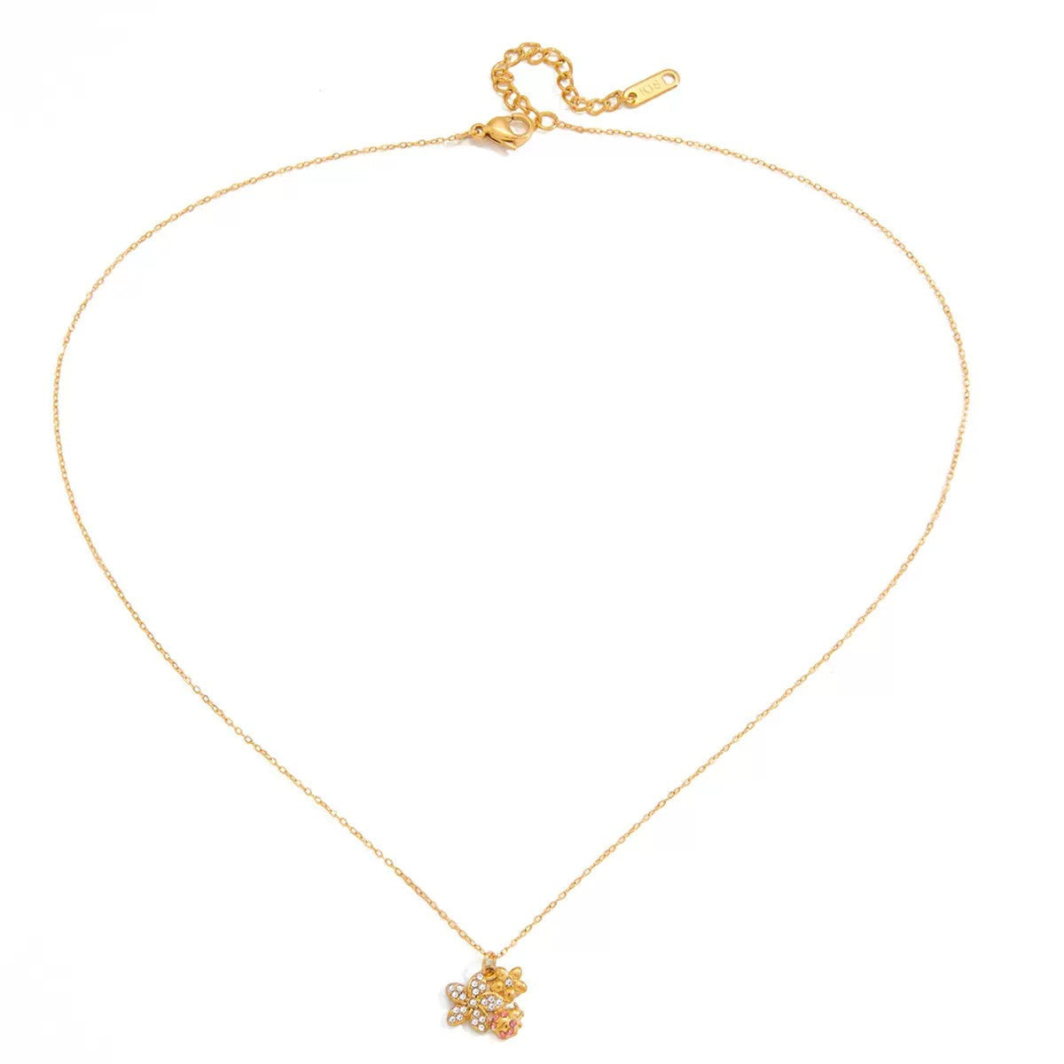 A delicate gold chain necklace with a small gold pendant featuring a floral or leaf-like textured design, displayed on a clean white background.