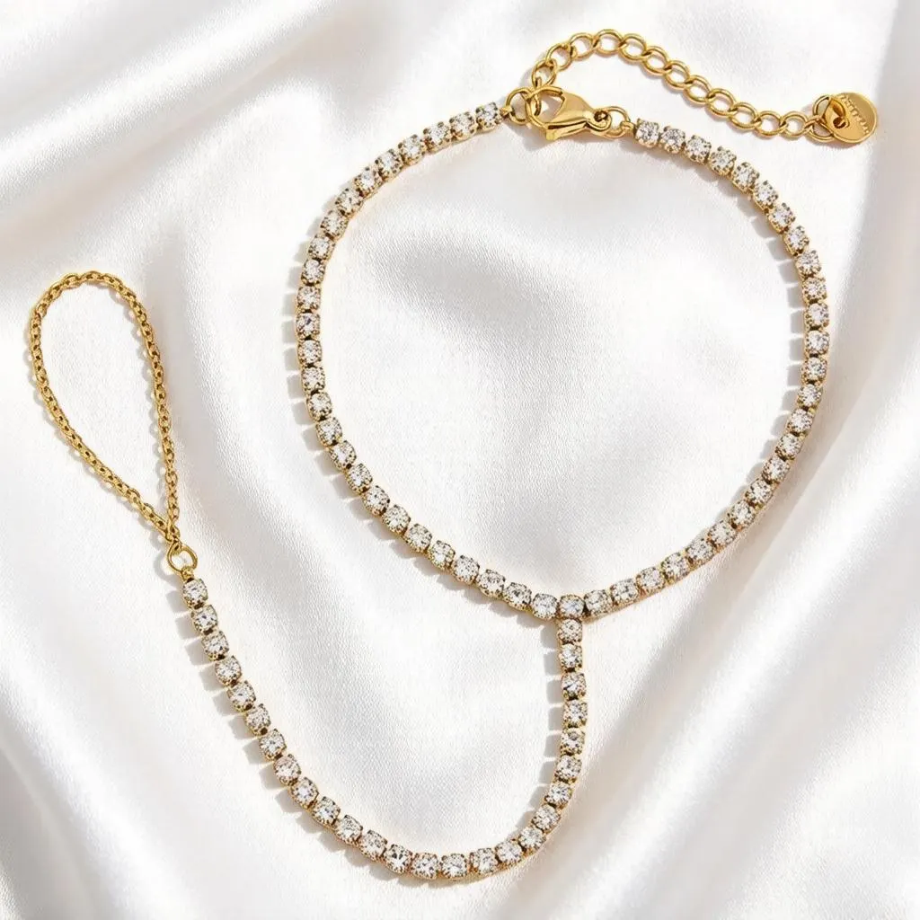 Gold Tone Cubic Zirconia Hand Chain Bracelet with Finger Ring, Dainty Crystal Hand Harness Jewelry for Women