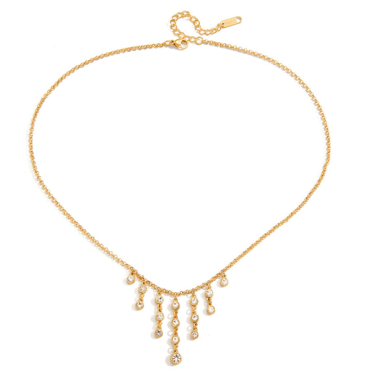 A delicate gold chain necklace with a V-shaped pendant featuring small clear stones and dangling teardrop charms, displayed on a clean white background.
