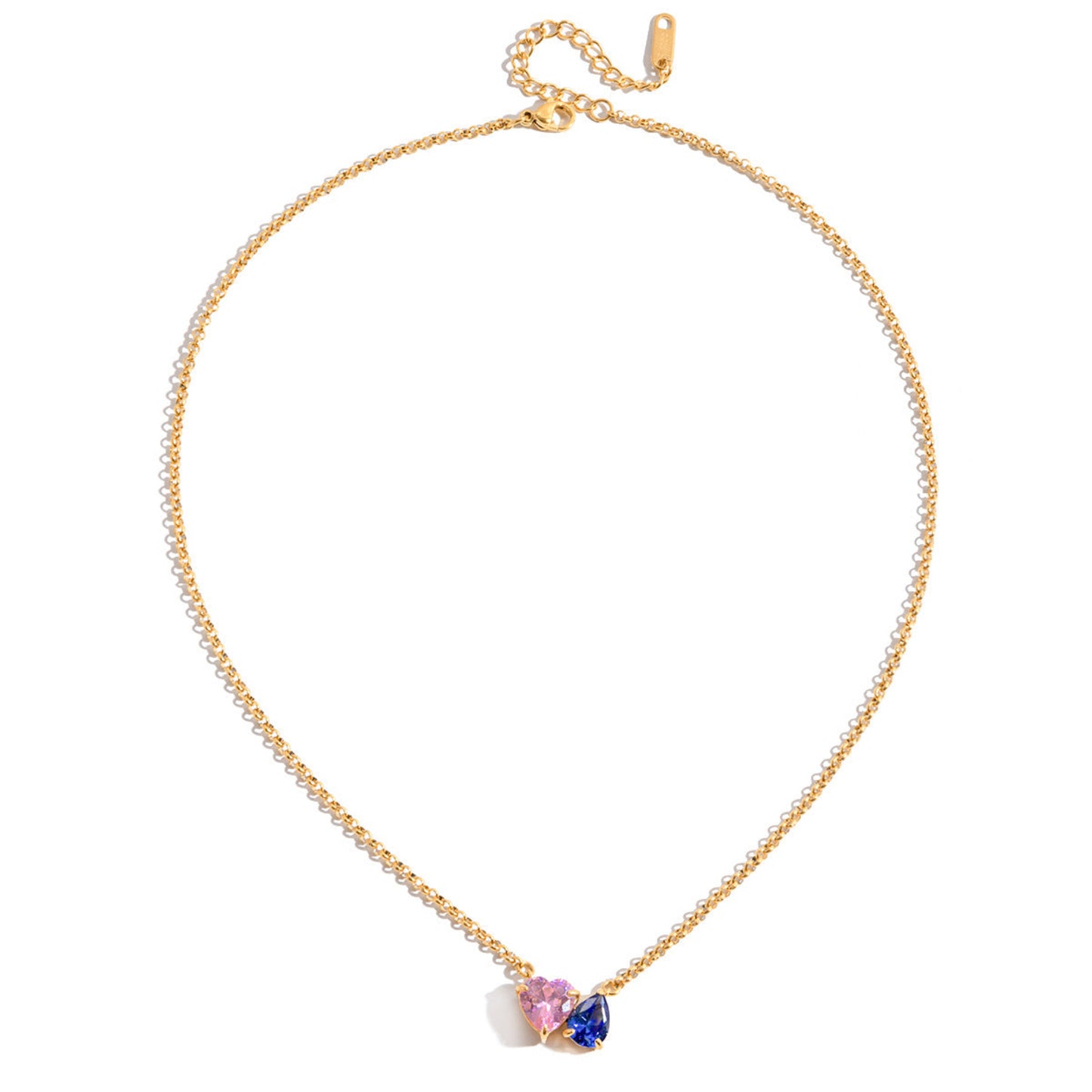 Gold necklace with a heart-shaped pendant featuring pink, blue, and clear gemstones on a white background.