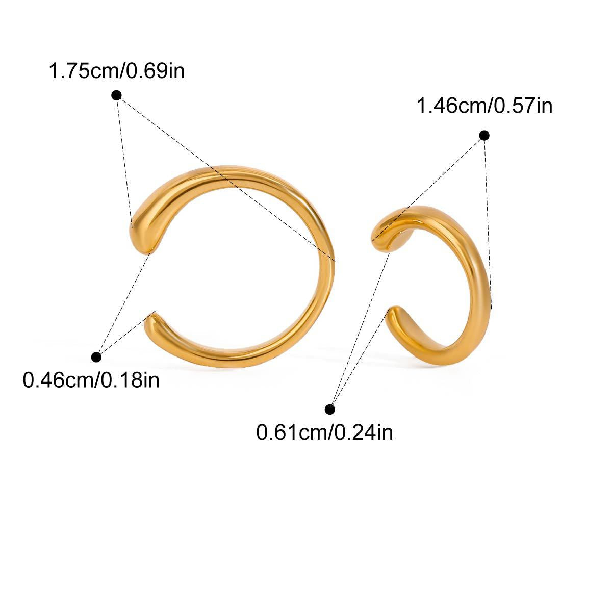 Gold hoop earrings with measurements and product details on a white background