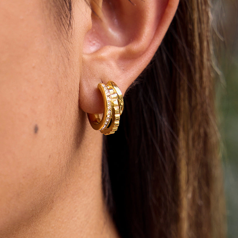 Gold-Tone Double Circle Earrings with Clear Crystal Accent