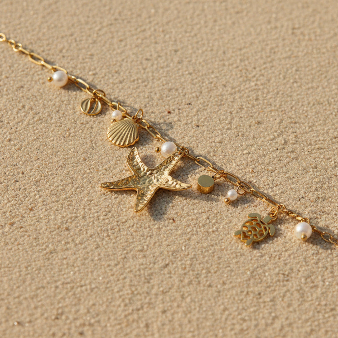 Ocean Treasure Necklace - Gold Starfish, Sea Turtle & Pearl Charm Necklace for Beach Lovers