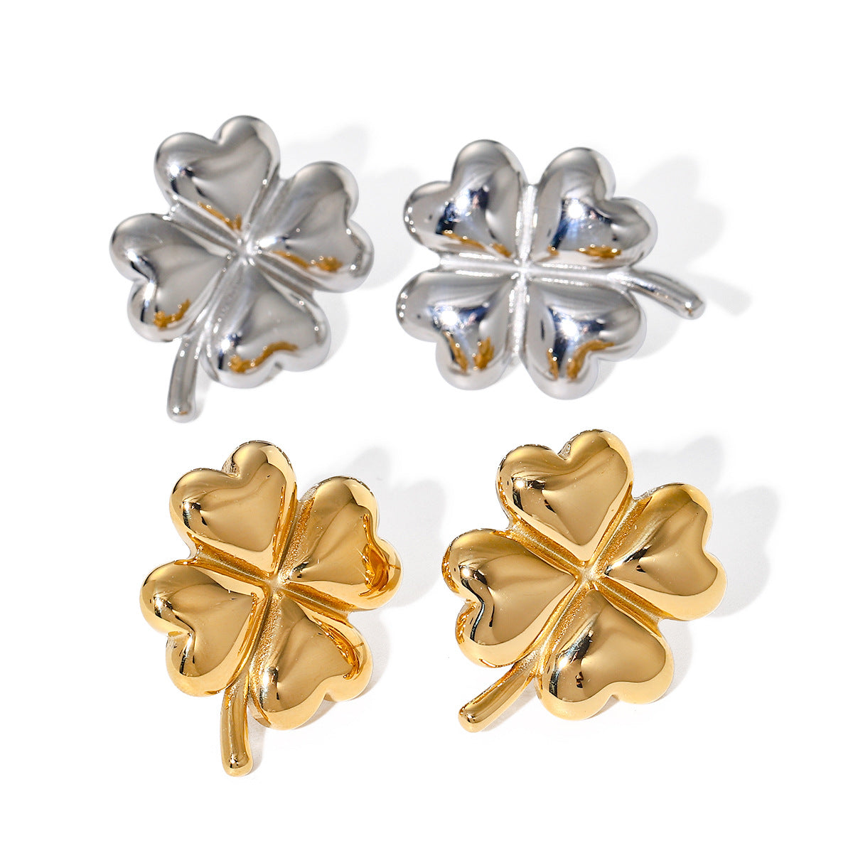 Stainless Steel Four-Leaf Clover Heart Earrings