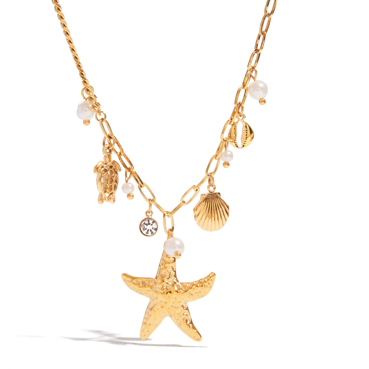 Gold - Plated Starfish Necklace with Turtle, Shell and Pearl Charms