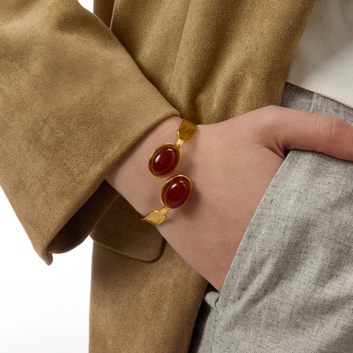 Hammered Gold Cuff Bracelet with Oval Red Gemstone – Open Bangle for Women