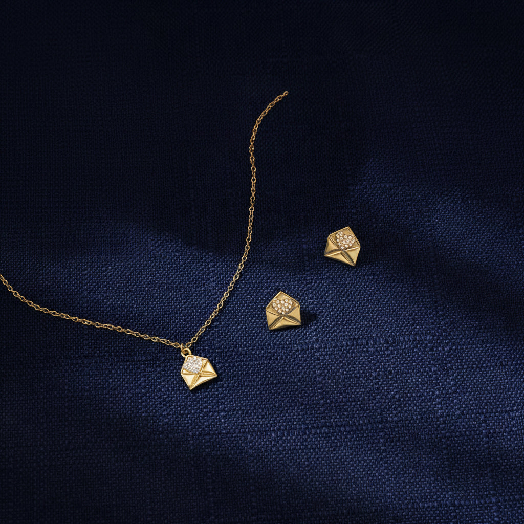 Dainty Gold - Plated Envelope Necklace with Crystal Accent - Delicate Chain Jewelry