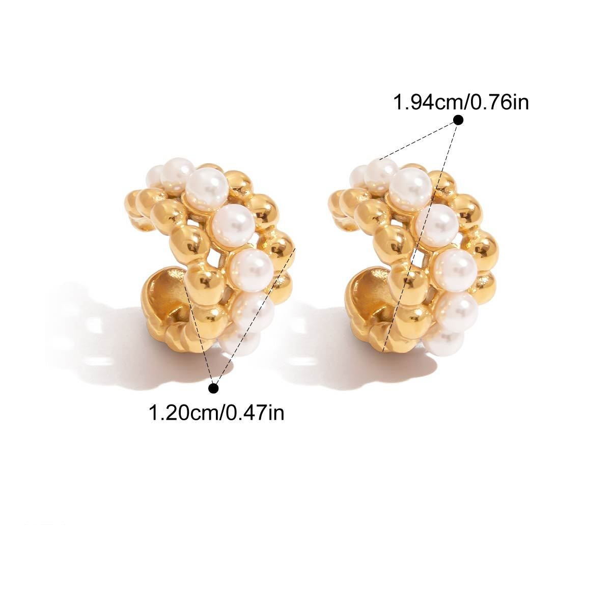 Gold and pearl earrings with measurements and product details on a white background