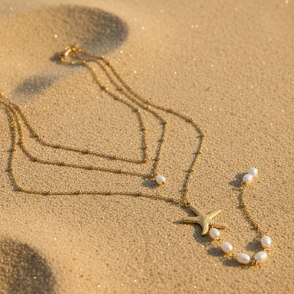 Ocean-Inspired Layered Starfish Pearl Y-Drop Necklace