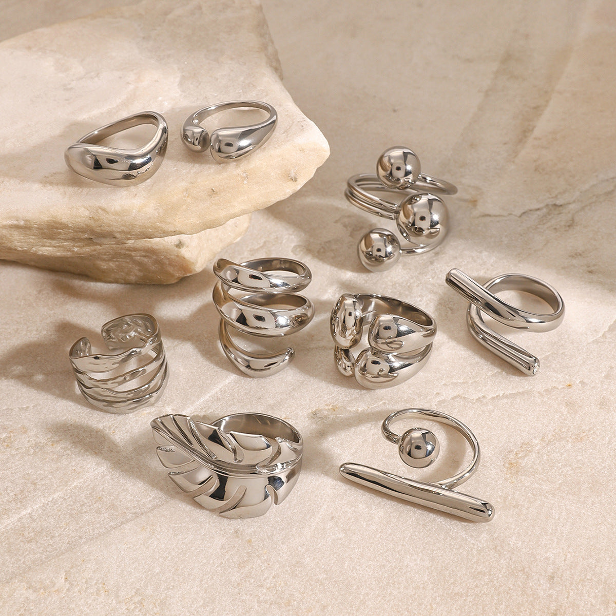 Silver Statement Rings Set – Sculptural Leaf, Stackable Bands & Joint Ring for Women