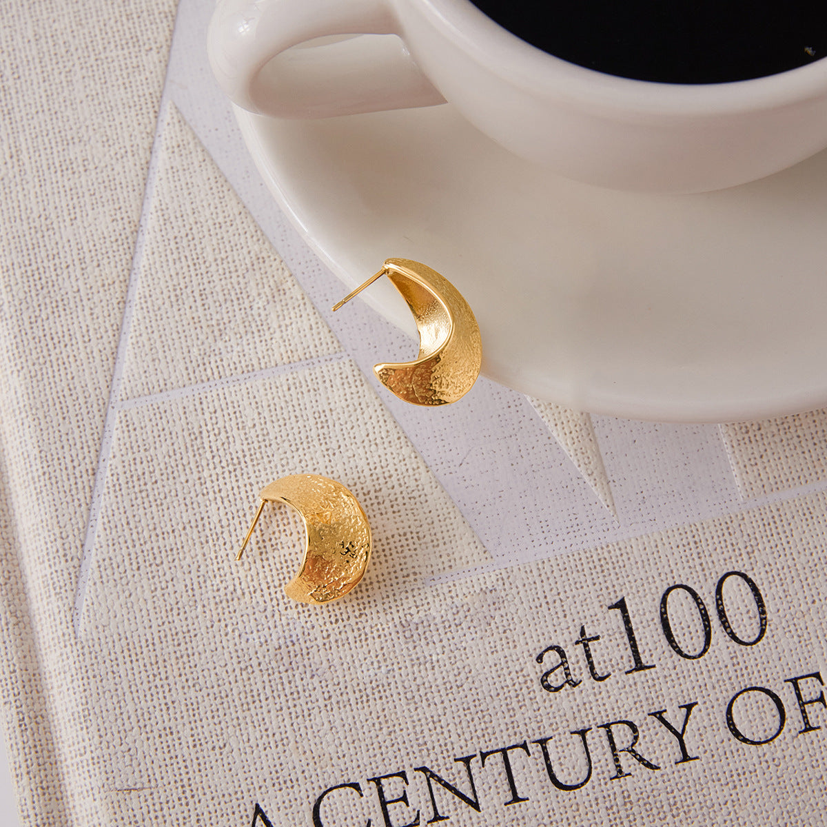 Titanium Steel Hammered Textured Openwork C-Hoop Earrings