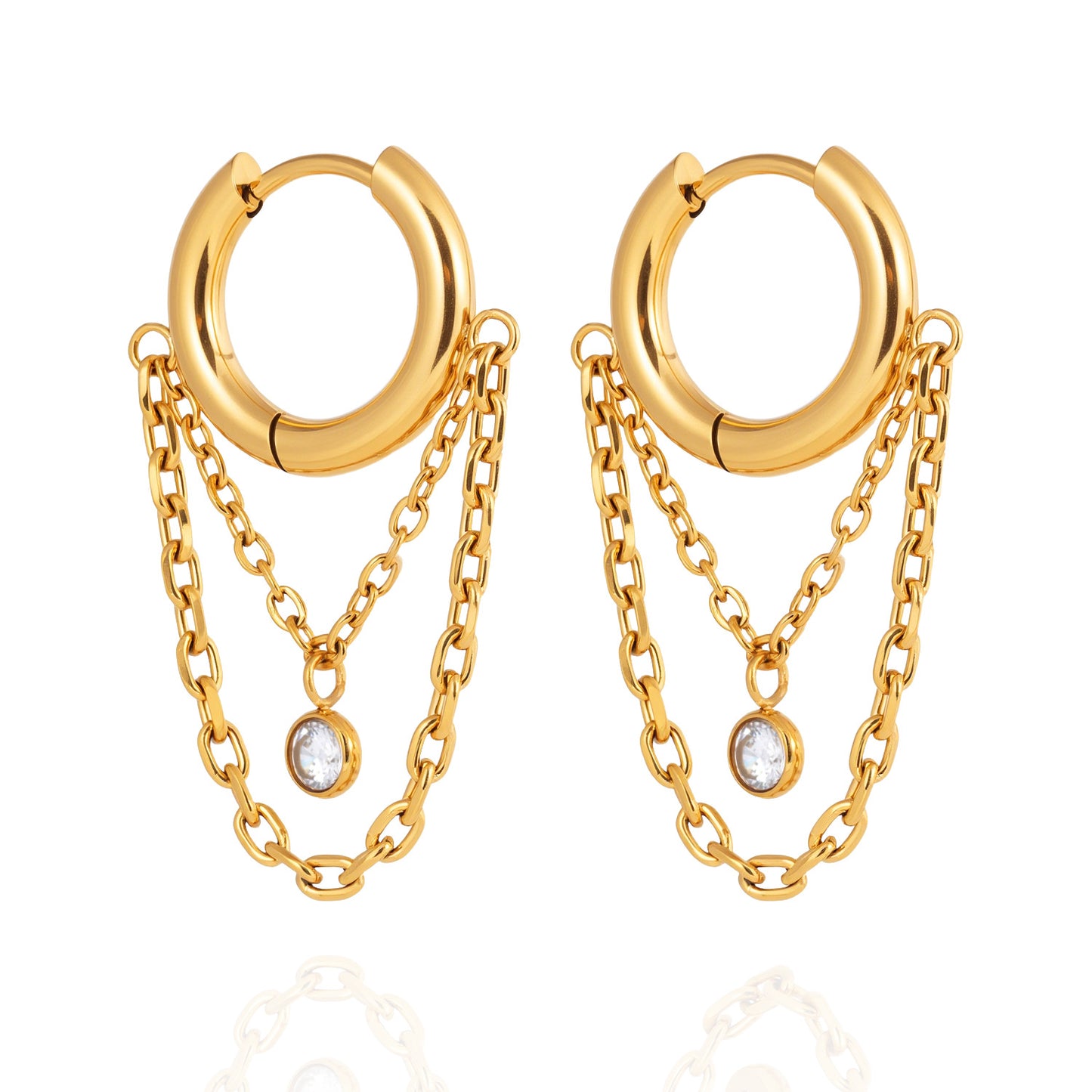 Gold - Plated Hoop Earrings with Chain and CZ Pendant