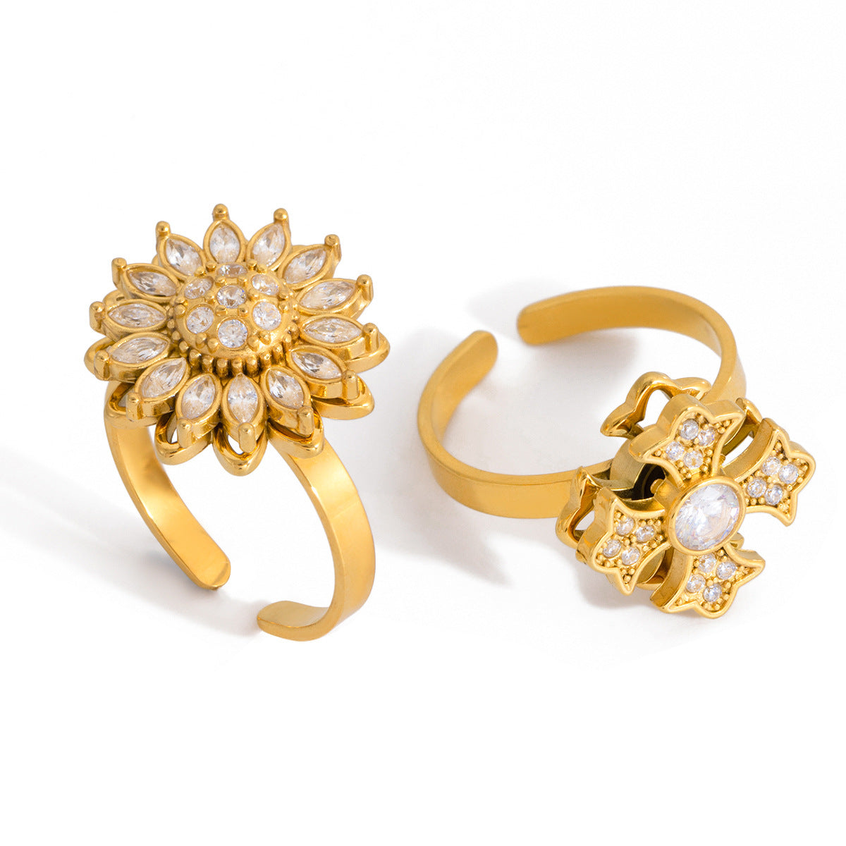 360° Rotatable Flower Ring – Gold Tone Cubic Zirconia Ring for Women