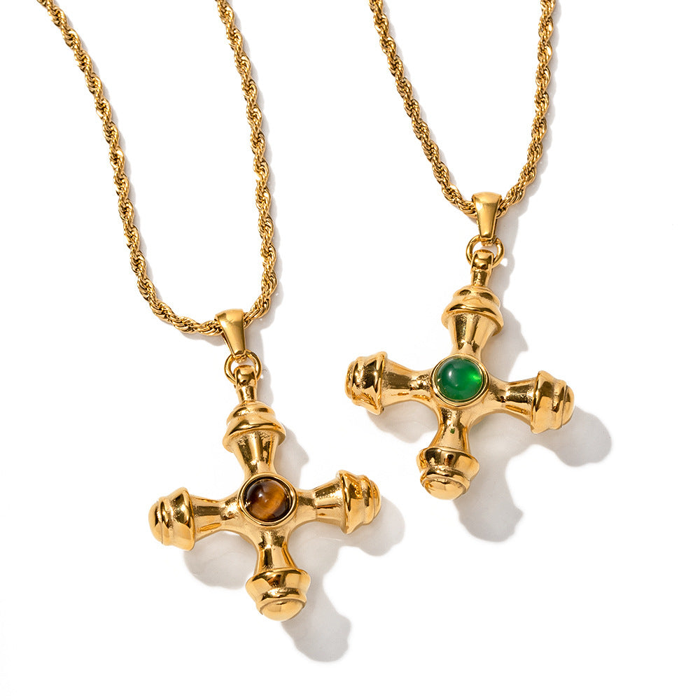 Cross Pendant Necklaces with Tiger's Eye and Green Agate Gemstones