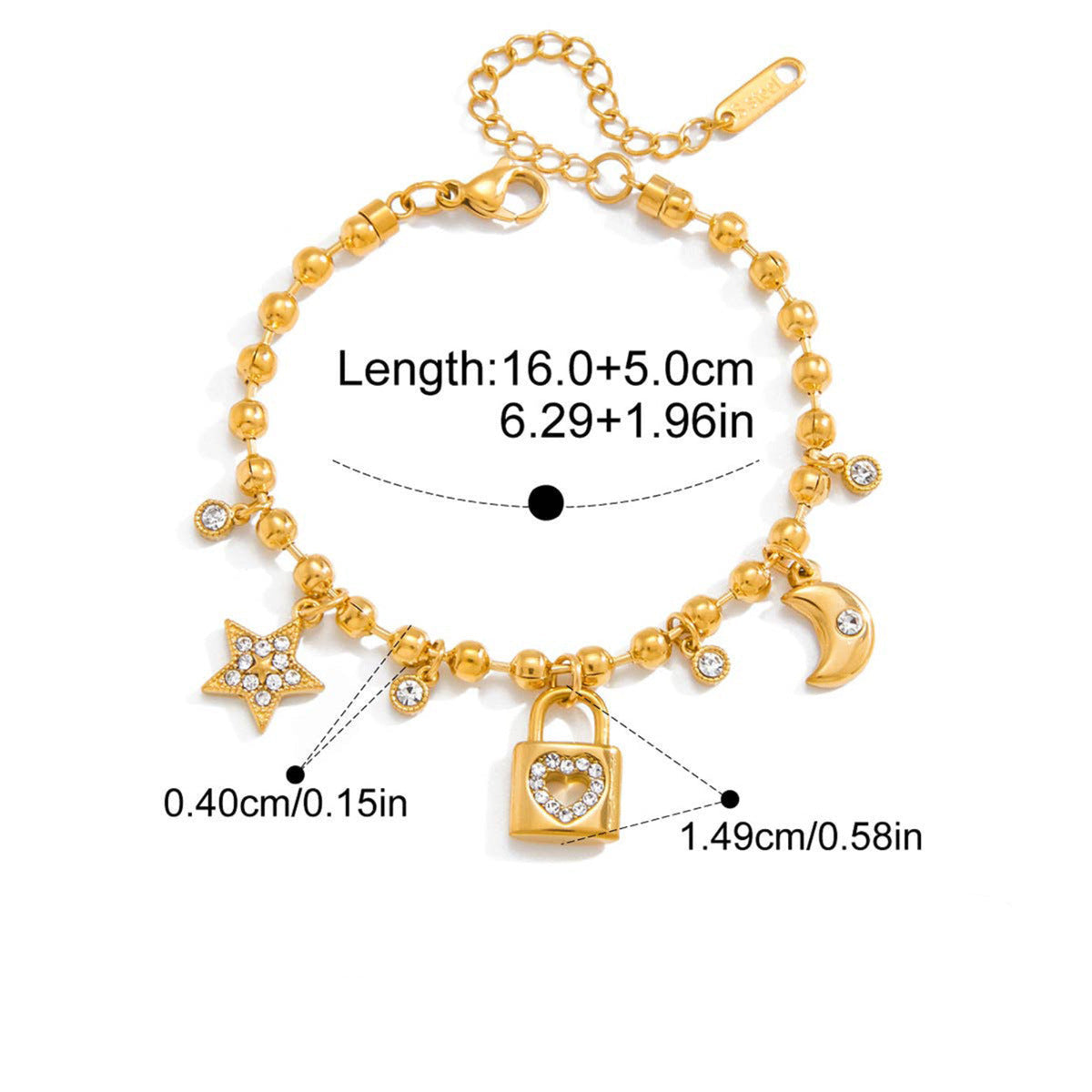 Gold bracelet with charms and measurements on a white background