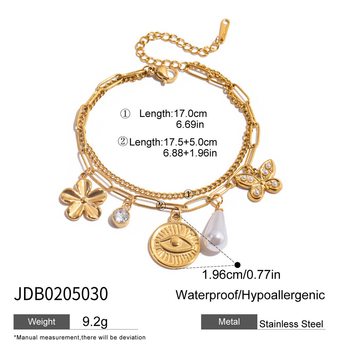 Layered Bracelet Set with Stars, Spiral Pendant, Cross Charms & Flower Charm