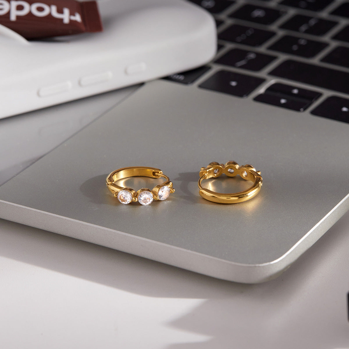 Gold - Plated Triple - Stone Hoop Earrings with Stud