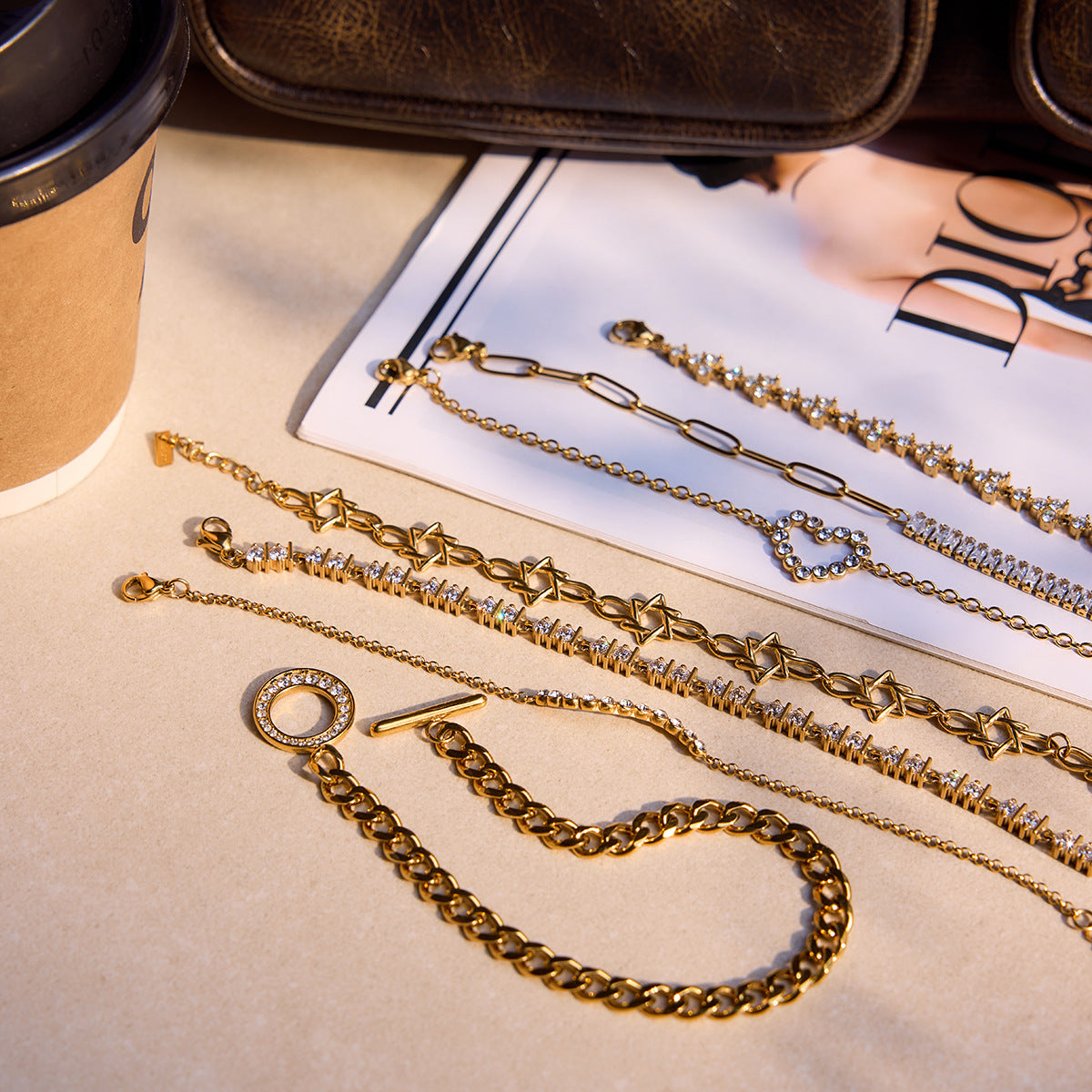 Layered Bracelets – Crystal, Heart & Teardrop Pendant Cuban Chain