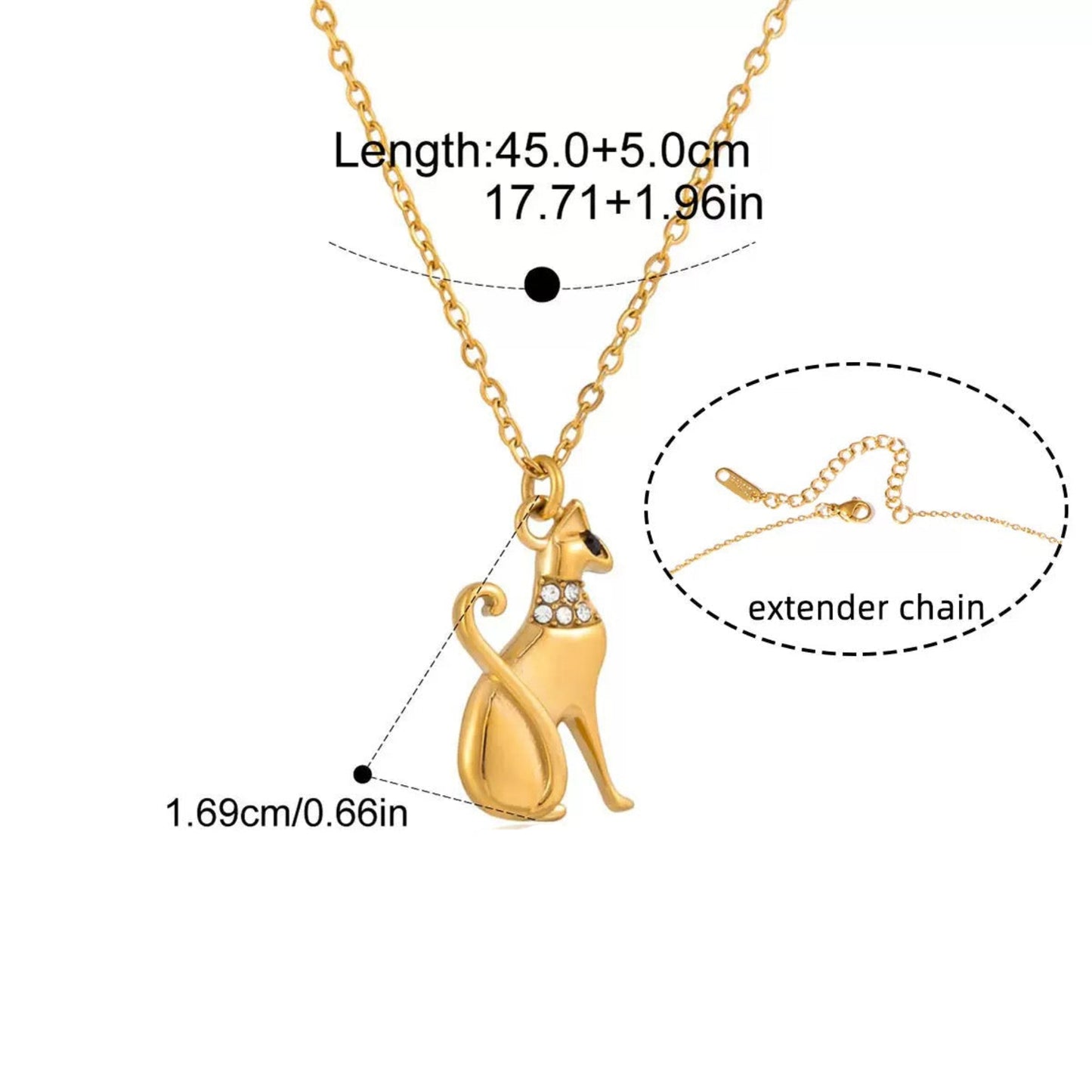 Gold cat pendant necklace with a rhinestone collar, shown on a white background with measurement labels and an inset showing the extender chain.