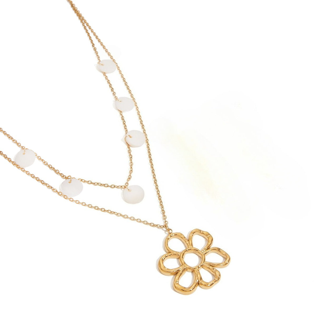 Layered Flower Pendant Necklace with White Discs