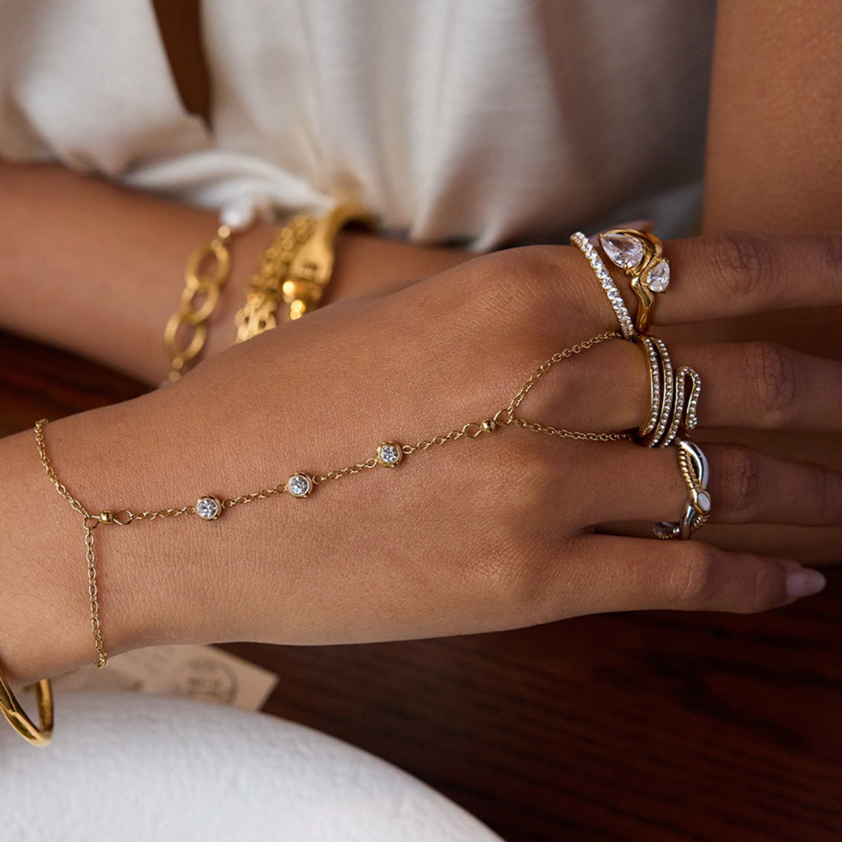 Luxury Ring Set – Twisted Snake, Teardrop Diamond, Pearl, Chain Detail for Women