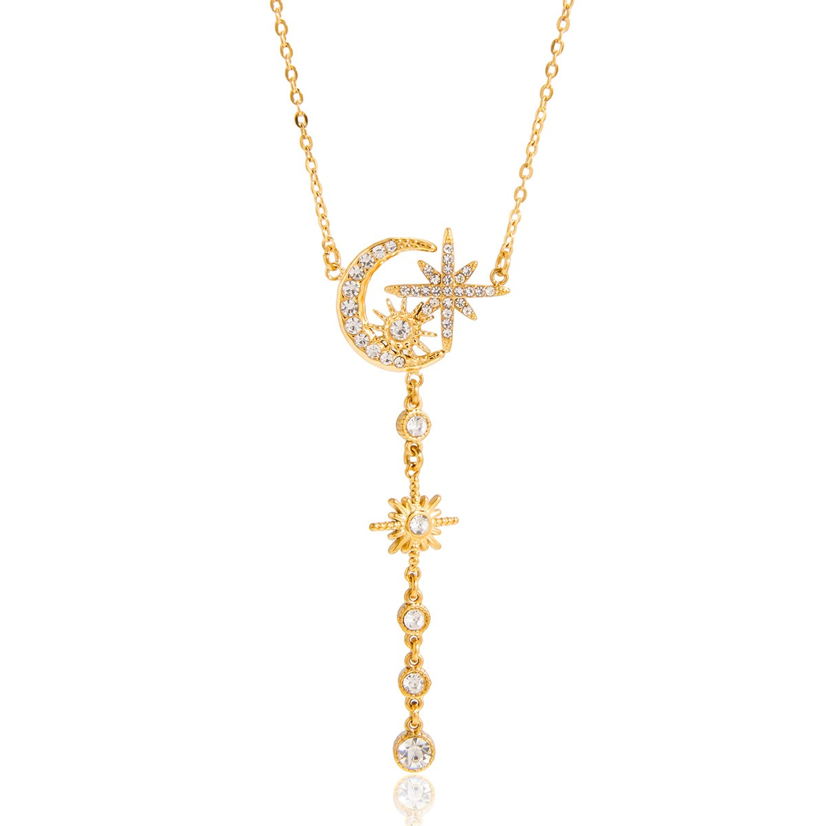 18K Gold Plated Moon and Star Y Necklace with CZ Sun Pendant – Celestial Lariat Necklace for Women