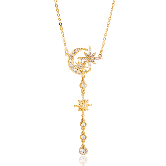 18K Gold Plated Moon and Star Y Necklace with CZ Sun Pendant – Celestial Lariat Necklace for Women