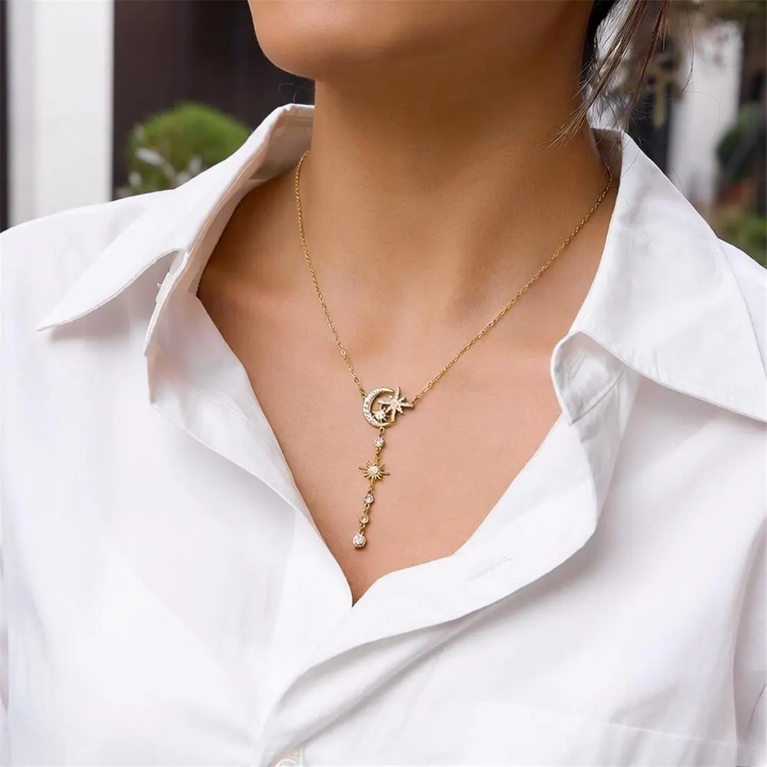18K Gold Plated Moon and Star Y Necklace with CZ Sun Pendant – Celestial Lariat Necklace for Women