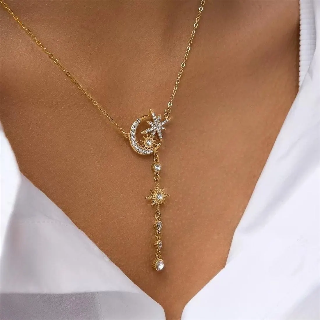 18K Gold Plated Moon and Star Y Necklace with CZ Sun Pendant – Celestial Lariat Necklace for Women