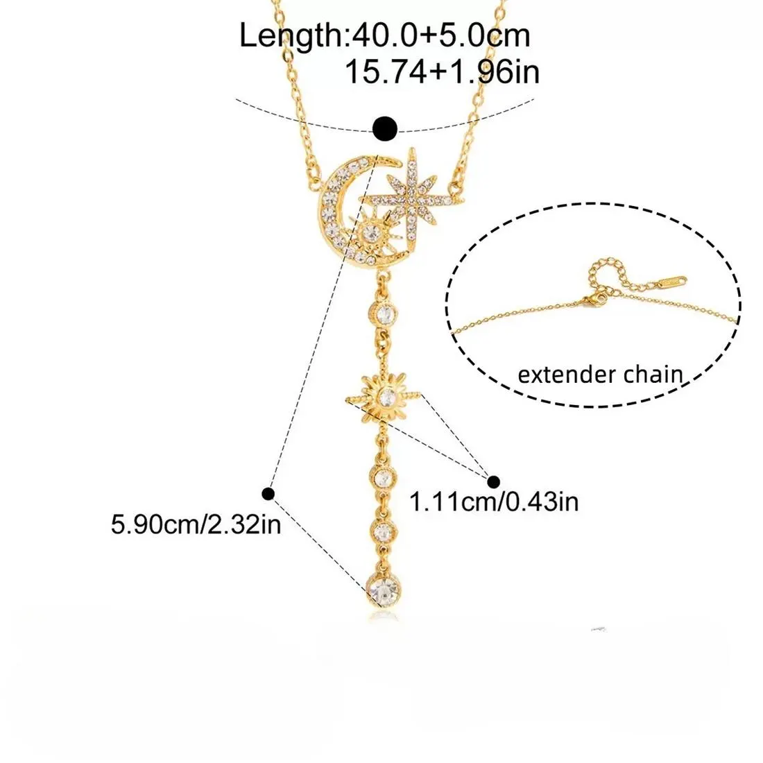 18K Gold Plated Moon and Star Y Necklace with CZ Sun Pendant – Celestial Lariat Necklace for Women
