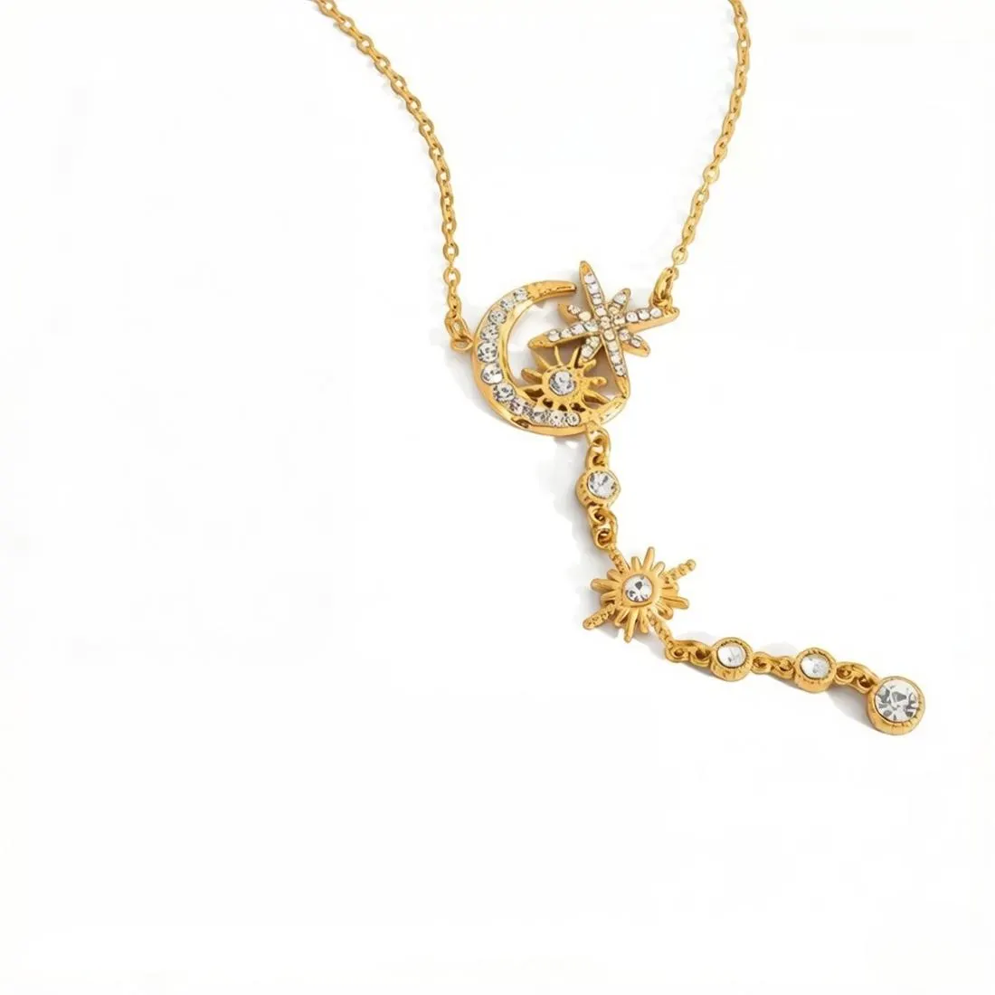 18K Gold Plated Moon and Star Y Necklace with CZ Sun Pendant – Celestial Lariat Necklace for Women