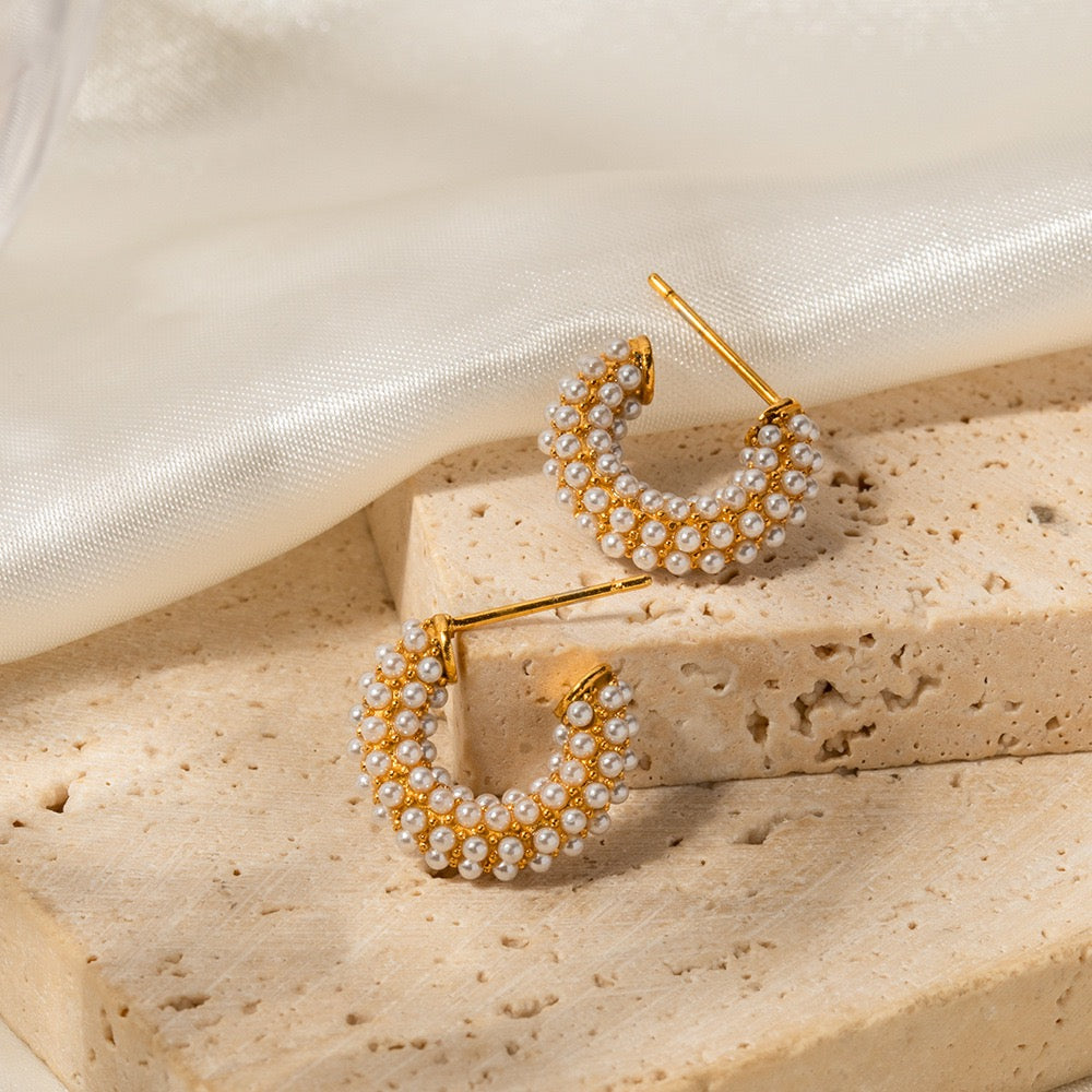 Gold - Pearl Studded Hoop Earrings