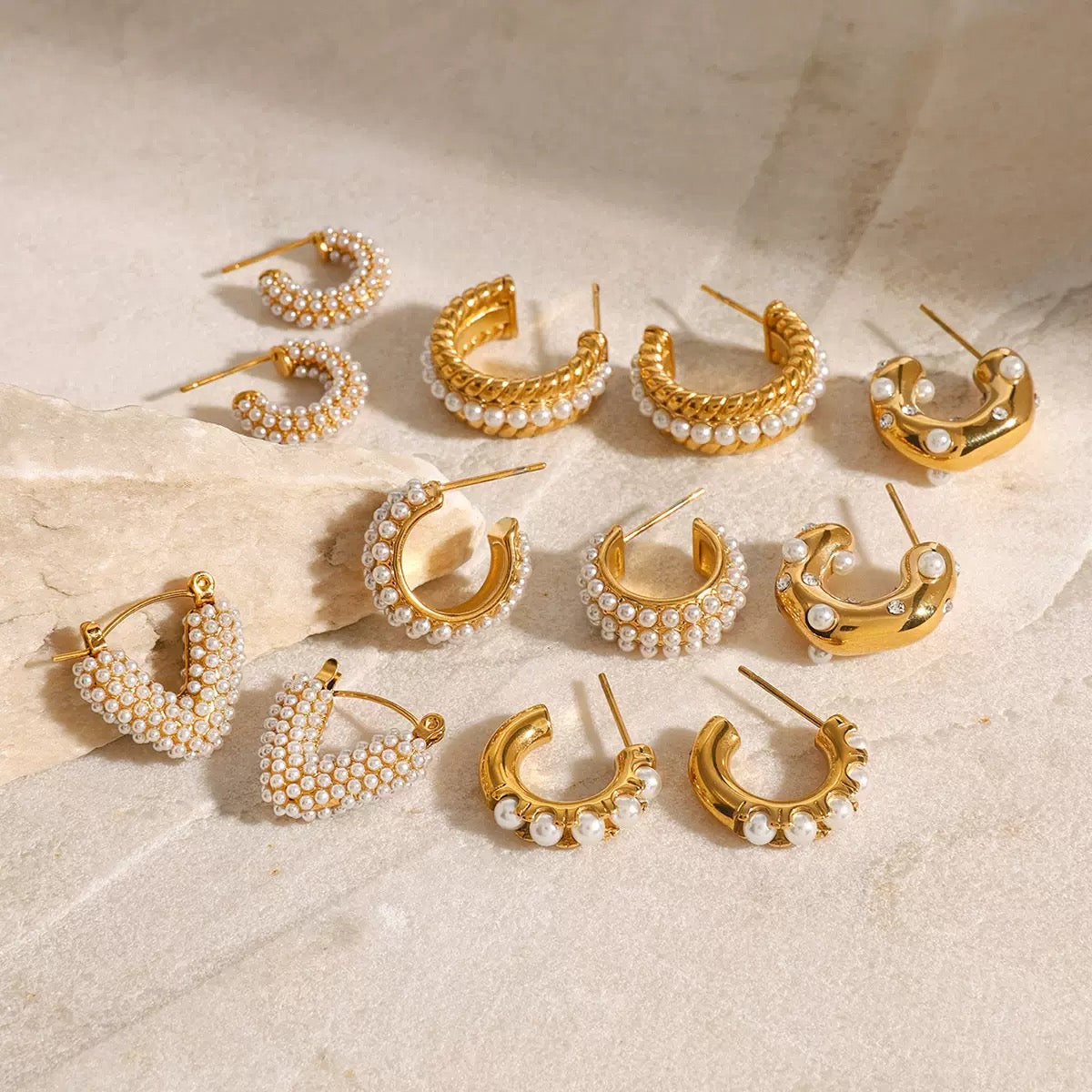 Gold - Pearl Studded Hoop Earrings