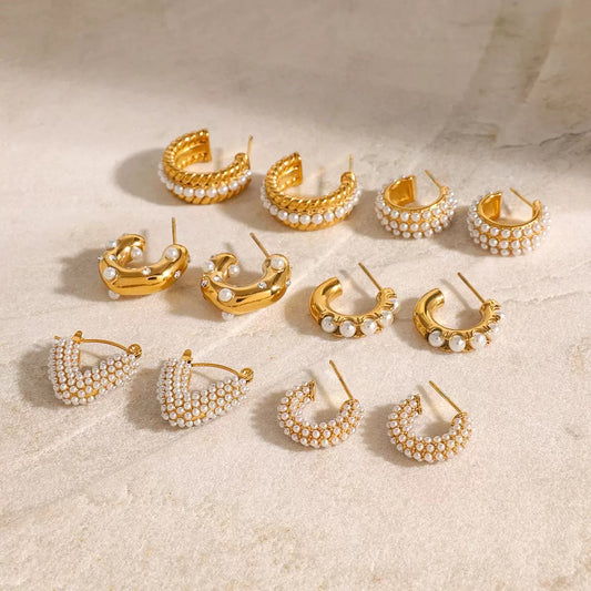 Gold - Pearl Studded Hoop Earrings