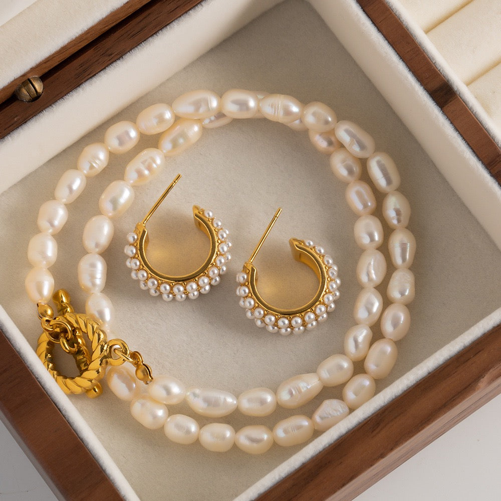 Gold - Pearl Studded Hoop Earrings
