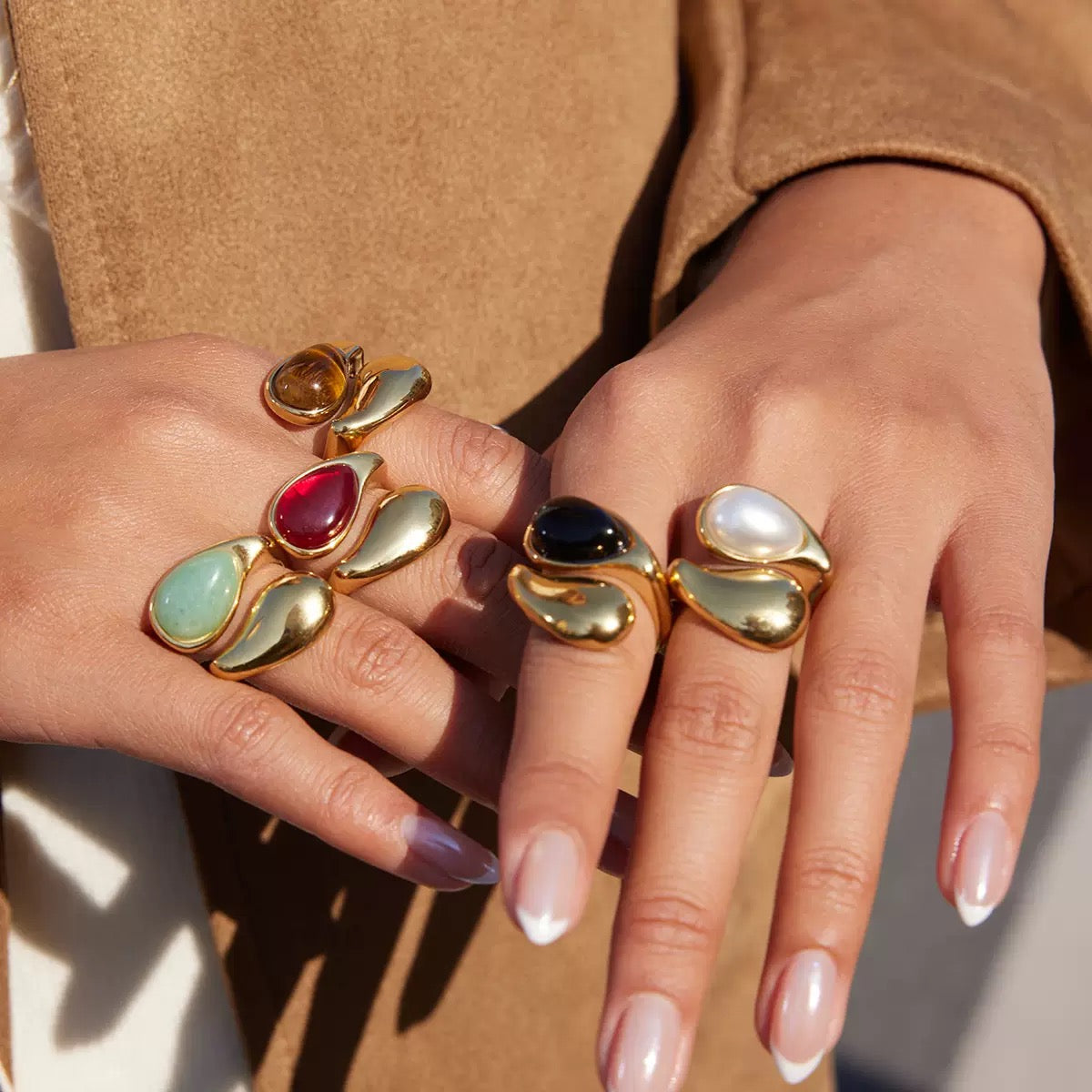 Asymmetric Two-Stone Ring – Green Jade, Mother-of-Pearl Ring for Women