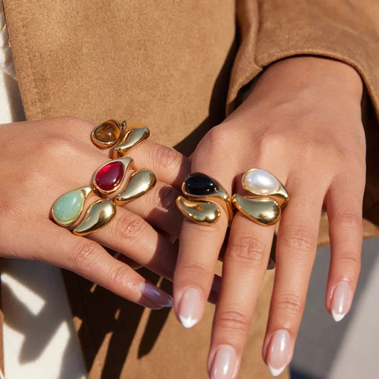 Asymmetric Two-Stone Ring – Green Jade, Mother-of-Pearl Ring for Women