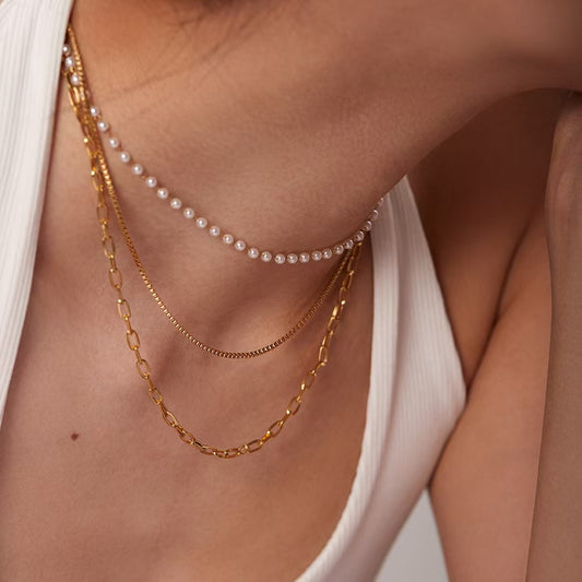Stainless Steel Triple-Layer Women's Chain with Tiny Pearls