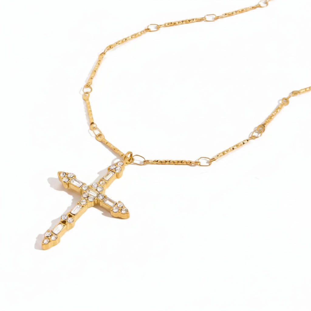 18K Gold Plated CZ Cross Necklace for Women – Elegant Sparkling Christian Pendant Jewelry Gift