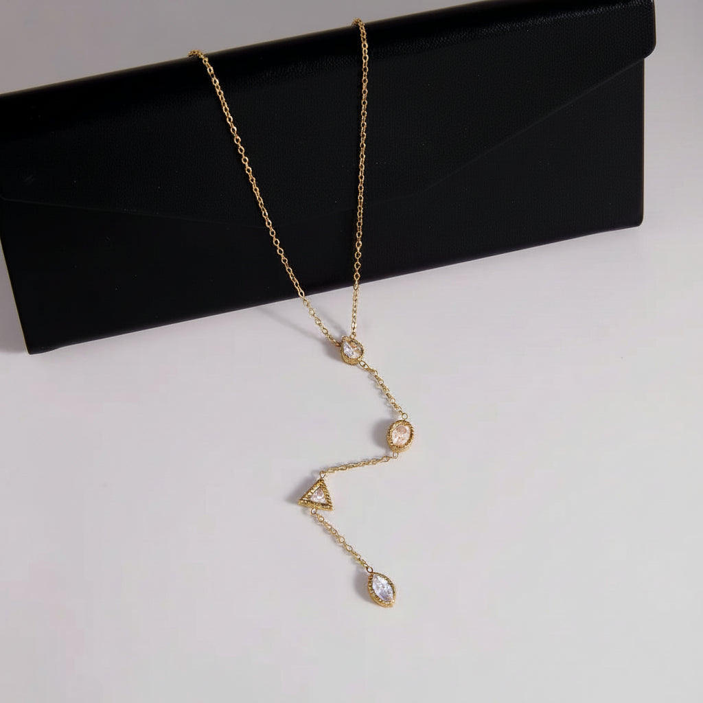 18K Gold Plated Y-Necklace with CZ Geometric Dangles