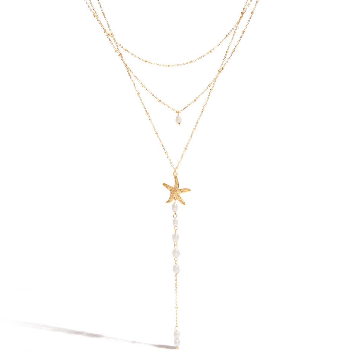 Gold Starfish Pearl Layered Y Drop Necklace – Ocean Inspired Beach Jewelry for Women
