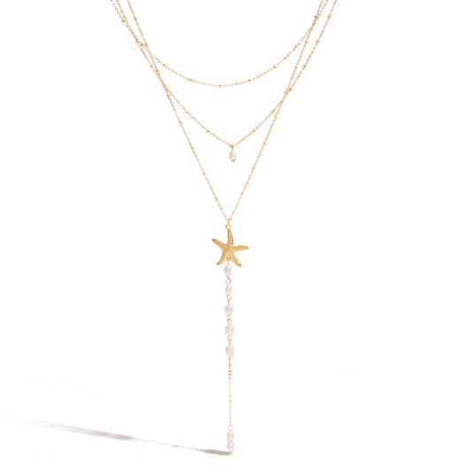 Gold Starfish Pearl Layered Y Drop Necklace – Ocean Inspired Beach Jewelry for Women