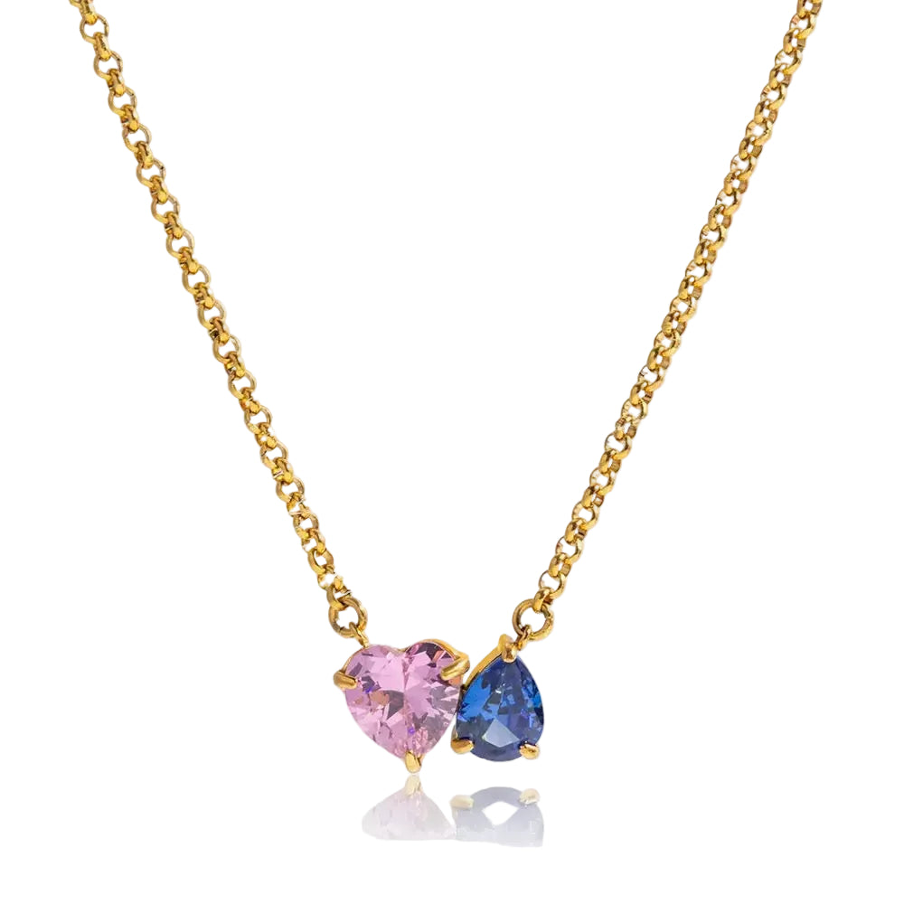 18K Gold Plated Pink & Blue Heart Pendant Necklace – Romantic CZ Crystal Love Jewelry Gift for Women