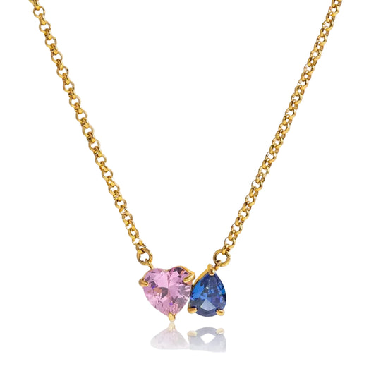 18K Gold Plated Pink & Blue Heart Pendant Necklace – Romantic CZ Crystal Love Jewelry Gift for Women