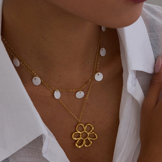 Layered Flower Pendant Necklace with White Discs