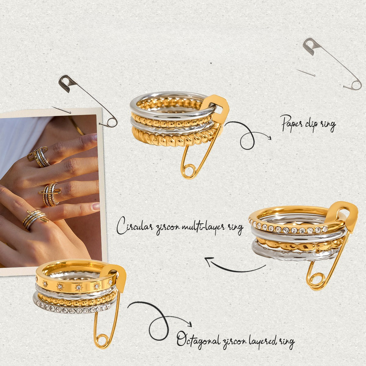Safety Pin Stackable Rings – Gold, Silver & Rose Gold Tone Metal Rings for Women