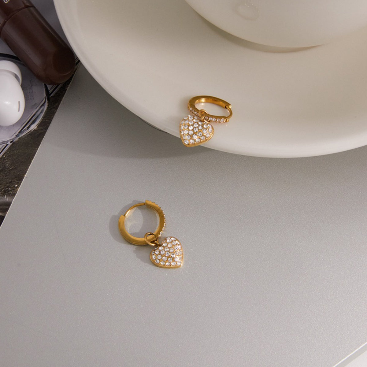 Stainless s Seel Heart-shaped Stud Earring with Cubic Zirconia