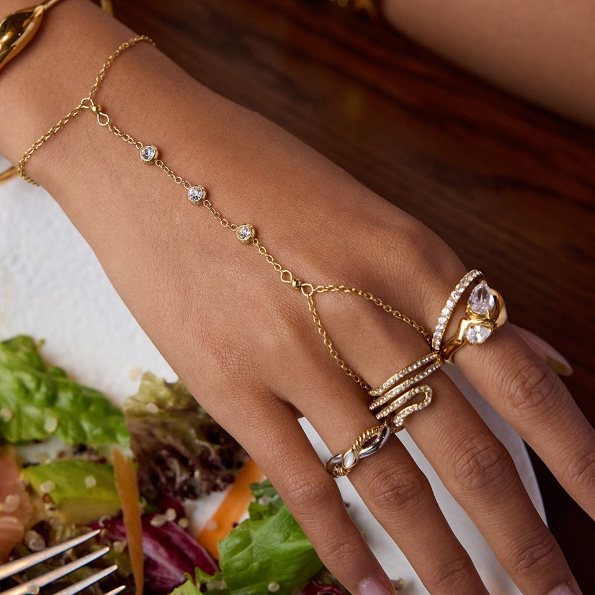 Luxury Ring Set – Twisted Snake, Teardrop Diamond, Pearl, Chain Detail for Women