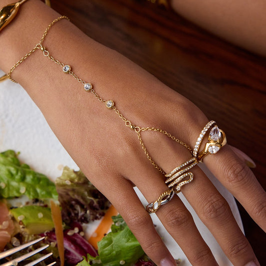 Luxury Ring Set – Twisted Snake, Teardrop Diamond, Pearl, Chain Detail for Women